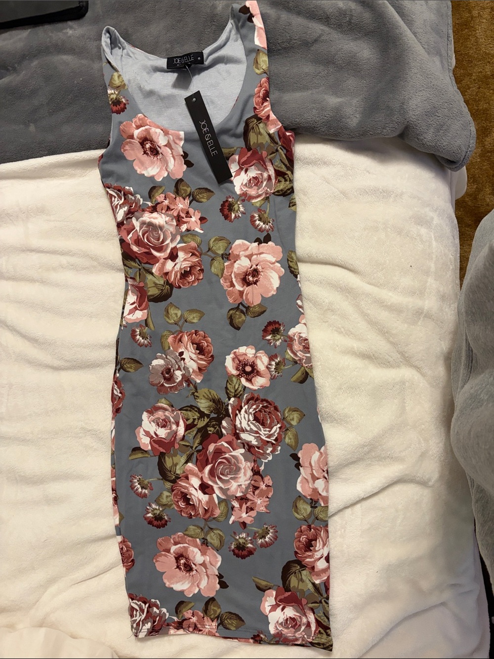 Joe & Elle Floral Bodycon Dress in Blue with Pink Roses